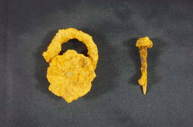 부여 능안골 고분군 3호분(2018년 조사) 출토 화형장식 관고리와 관정.(문화재청 제공)