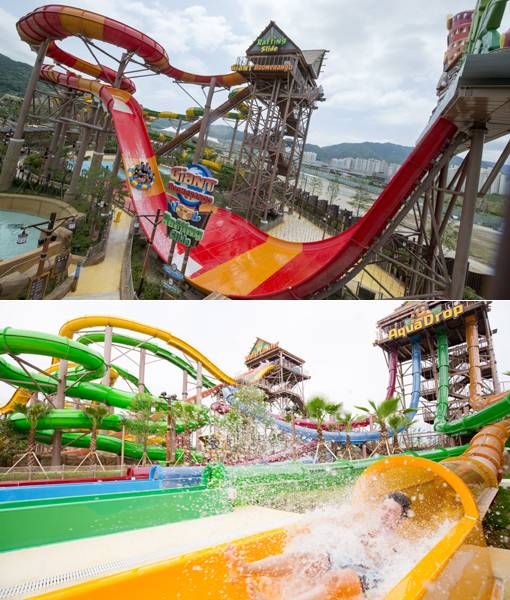 김해 롯데워터파크 인기의 주역인 다양한 어트랙션들. 인기 삼총사 중 하나로 높이 21m, 길이 170m 구간을 튜브를 타고 질주하며 짜릿한 상승과 하강을 반복하는 ‘자이언트 부메랑고’(위쪽)와 밑으로 수직낙하해 워터 슬로프를 질주하는 짜릿함이 매력인 ‘아쿠아드롭’. 사진제공|롯데월드