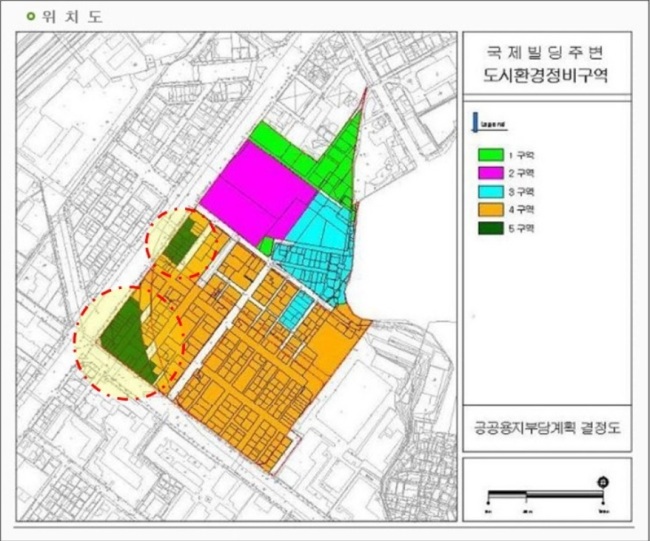 [이미지=용산 국제빌딩주변 도시환경정비구역. 두 군데로 나뉘어진 녹색 부분이 5구역이다.]