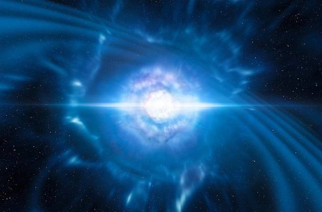 충돌로 합쳐지는 중성자별 상상도. 이런 거대한 천문 이벤트는 우주에 중력파를 남긴다. - 사진 제공 ESO
