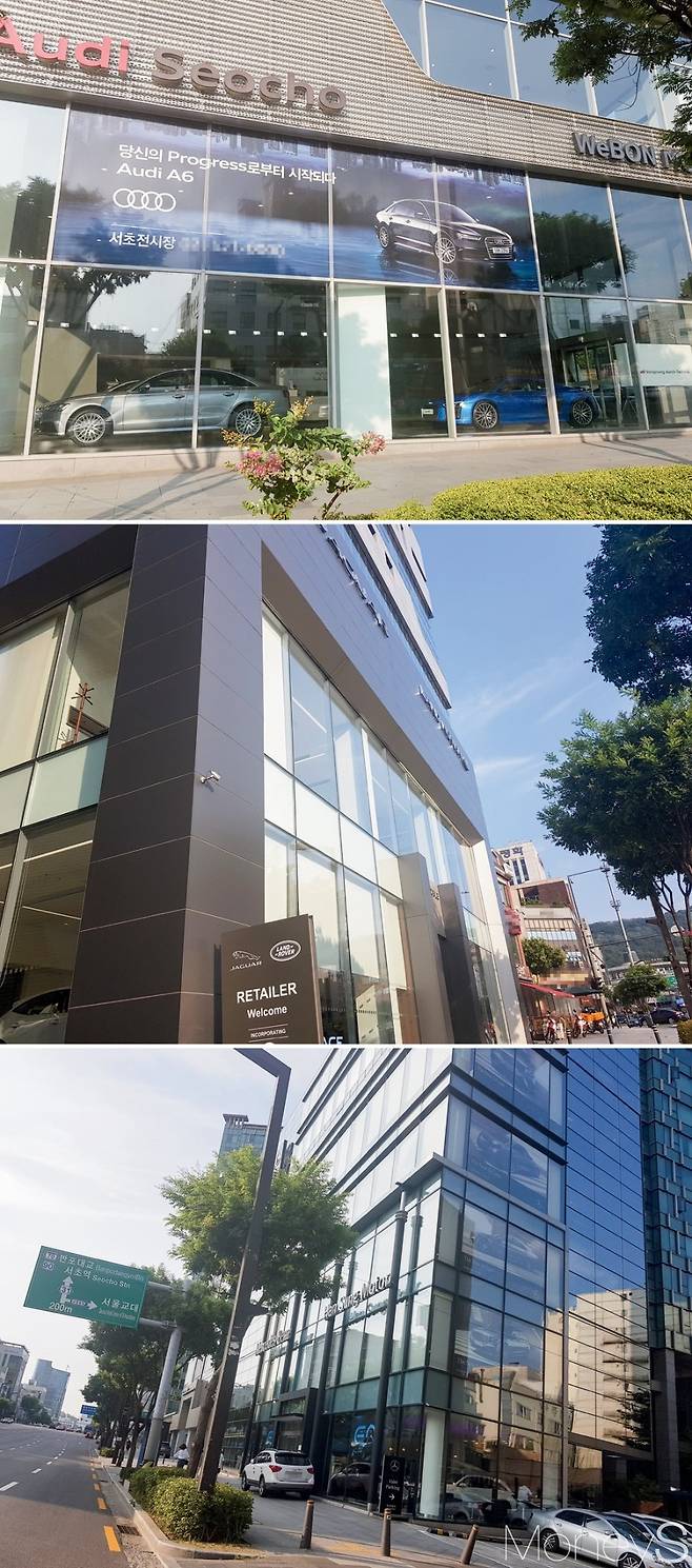 (위쪽부터)서초 아우디전 시장, 서초 재규어랜드로버 전시장, 서초동 자동차거리. /사진=이지완 기자