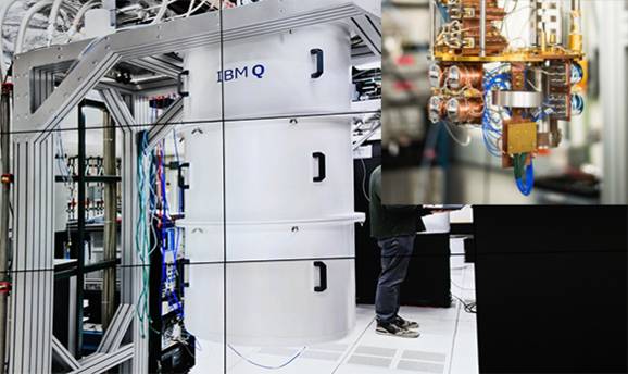 흰색 원통이 IBM Q 퀀텀 컴퓨터가 담겨있는 기기다. 오른쪽 상단 사진은 퀀텀컴퓨터로 가장 아래 노란색 기기판이 퀀텀 컴퓨터의 큐빗 회로다. /김범수 기자, 회로 사진은 IBM Q 홈페이지 캡처