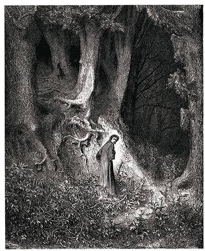 ‘어두운 숲으로 들어가는 단테’. 귀스타브 도레, 1861년.