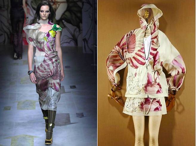 2008년 봄·여름 시즌 패션쇼에서 선보인 의상에 붉은 색 욱일기 문양이 새겨져있다(왼쪽) 2014년 가을·겨울 컬렉션에도 욱일기 문양이 새겨진 의상을 선보였다(오른쪽) © News1