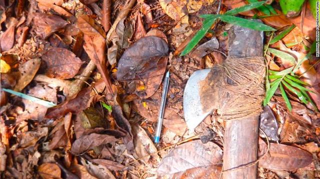 고립된 아마존 부족이 사용하던 도끼. 왼쪽에 놓인 연필은 크기를 비교하기 위해 국가인디언재단 연구진이 놓아둔 것이다. <시엔엔> 누리집 갈무리