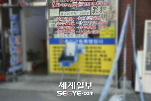중국인 밀집지인 서울 대림동의 한 여행사에서 '불법체류자 비자 대행' 광고를 게재하고 있다.