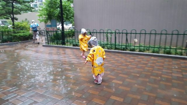 이광국씨의 두 딸들은 비오는 날이면 우산 없이 비옷을 입고 뛰논다. 아이들이 가장 좋아하는 것은 ‘웅덩이 밟기’다. 이광국씨 제공