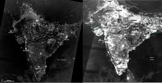 2012년과 2017년 인도의 야간 위성사진. 불과 5년만에 불빛의 강도가 크게 차이난다. [NASA]
