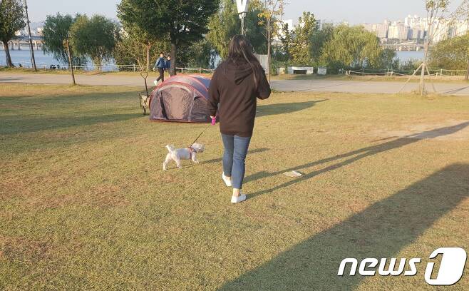 12일 서울 여의도 한강공원에서 개에게 목줄을 착용하고 산책 중인 견주.© News1 이기림 기자