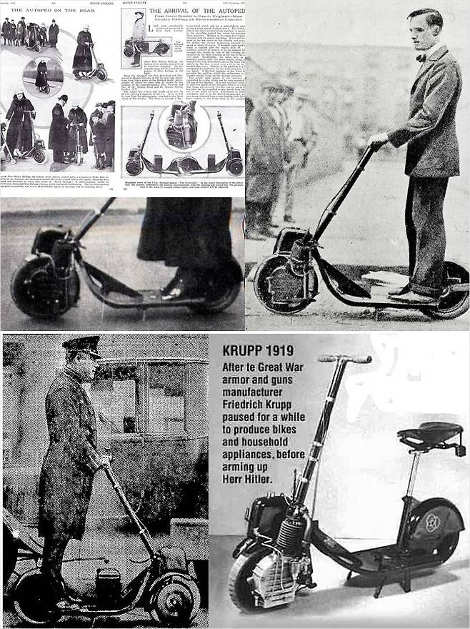 1915년 미국 오토페드 롱아일랜드가 내놓은 가장 현대적인 디자인의 전동 스쿠터 '오토페드'. 1921년 미국 생산 중단 이후에도 독일 철강 군수업체 프리드리히 크루프(Friedrich Krrup)사가 1922년까지 생산했다. 아래 이미지는 독일 교통경찰의 오토페드 독일버전 탑승 모습과 크루프가 내놓은 좌석식 오토페드 버전.