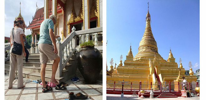 지난 9월 태국 불교사찰을 찾은 유럽관광객들이 신발을 벗고 있다. 지금도 동남아의 대부분 사원은 불당 입장시 탈화(脫靴)를 고수한다. 오른쪽은 신발 사건이 일어난 인더야 사원 (사진 제공 = 이원혁)