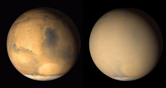 모래폭풍 이전의 화성(왼쪽)과 화성 전역을 뒤덮은 모래폭풍. [사진=NASA]