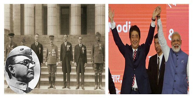 대동아회의에 참석한 찬드라 보세(왼쪽 사진의 오른쪽 끝)와 일본의 아베 총리, 인도의 모디 총리가 손잡고 인사하는 모습 ⓒ 이원혁제공·연합뉴스