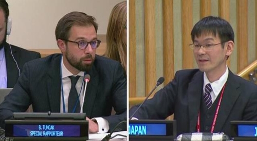 서로의 주장을 발표하는 툰작 유엔 특별보고관(왼쪽)과 일본 정부 관계자[NHK 캡처]