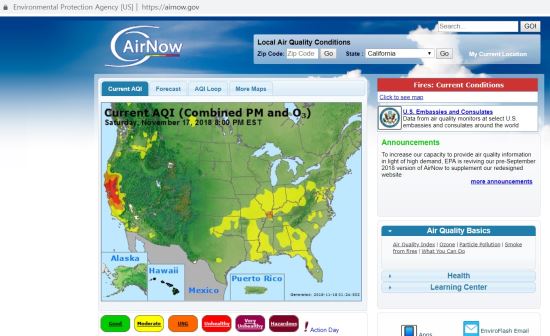 미국의 대기질 정보 사이트 AirNow 화면