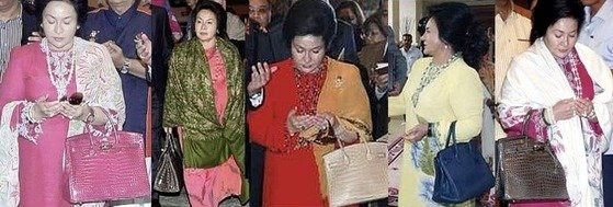 말레이시아의 고발 블로그에 올라온 나집 라작 전 총리의 부인 로스마 만소르의 모습. 수천만원대를 호가하는 에르메스 버킨백을 색깔별로 들고 있다.