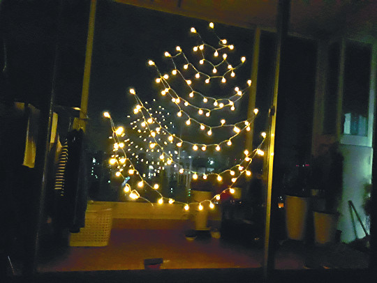 LED 전구를 크리스마스트리 모양으로 장식하고 태양광발전으로 만든 전기로 불을 밝힌 모습. 기독교환경교육센터 살림 제공