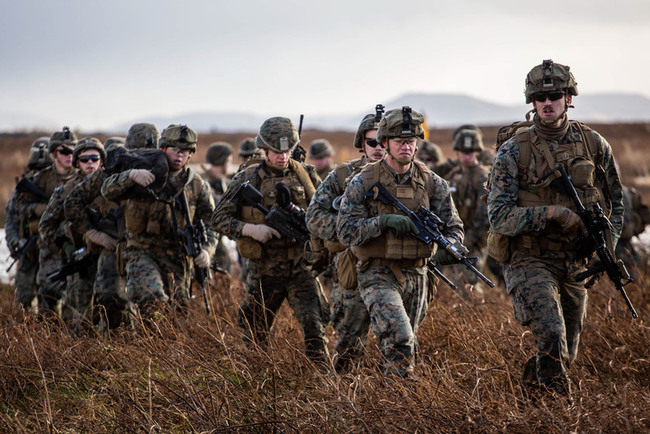 미국 해병대원들이 지난달 아이슬란드에서 상륙 훈련을 하고 있다. 나토의 31개 회원국 병력 5만여명이 참가한 냉전 종식 이래 최대 훈련인 ‘트라이던트 정크처 2018’ 훈련의 일환이다. 나토 누리집 갈무리