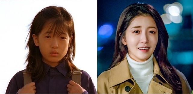 배우 정인선은 영화 ‘살인의 추억’(2003ㆍ왼쪽)에서 마지막을 강렬하게 장식한 소녀였다. 최근 종영한 MBC 드라마 ‘내 뒤에 테리우스’에선 두 아이의 엄마로 열연했다. 화면캡처ㆍMBC 제공