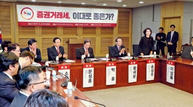 증권시장 과세제도 개편방안 토론회가 6일 서울 여의도 국회의원회관에서 열렸다. 자유한국당의 나경원 의원(오른쪽부터), 추경호 의원, 김병준 비상대책위원장, 이주영 의원, 김선동 의원 등이 행사에 앞서 인사하고 있다. /연합뉴스