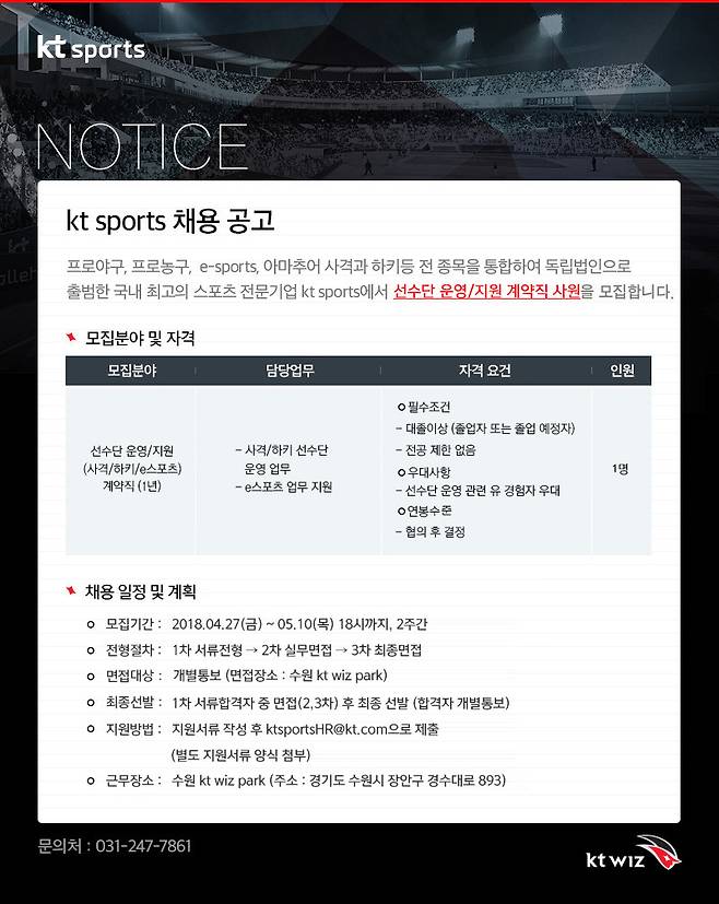 정규직으로 일하던 김성태 의원의 딸이 퇴사한 이후 케이티스포츠는 후임자를 정규직이 아닌 1년 계약직으로 채용했다. 케이티스포츠 누리집 갈무리