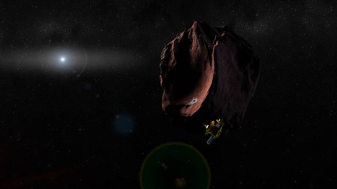 태양계 외곽 카이퍼벨트의 소행성에 접근한 뉴호라이즌스호의 상상도. 미국 항공우주국(NASA) 제공