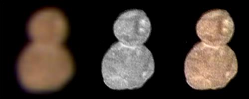 울티마 툴레 컬러 이미지(오른쪽) 약 13만7천㎞ 밖에서 찍은 컬러이미지(왼쪽)의 색을 해상도가 높은 고해상도 장거리 정찰 영상장치(LORRI) 이미지(중간)에 합성한 것이다. [NASA/존스 홉킨스 응용물리학 연구소/사우스웨스트 연구소 제공]