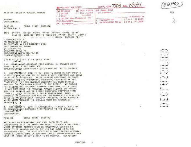 1980년 9월 주한 미국대사관이 전두환 전 대통령이 광주를 방문해 발언한 내용을 미 국무부에 보고한 3급 비밀문서. 5·18민주화운동기록관 제공