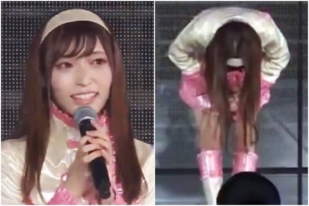 지난 10일 열린 그룹 NGT48의 데뷔 3주년 기념 팬미팅에서 마호가 팬의 습격을 폭로한 것에 대해 사과하고 있다.