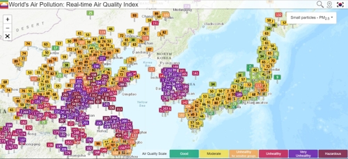 초미세먼지 극심한 한국·중국…동해 건너 일본은 '청정' [WAQI 화면 캡처]