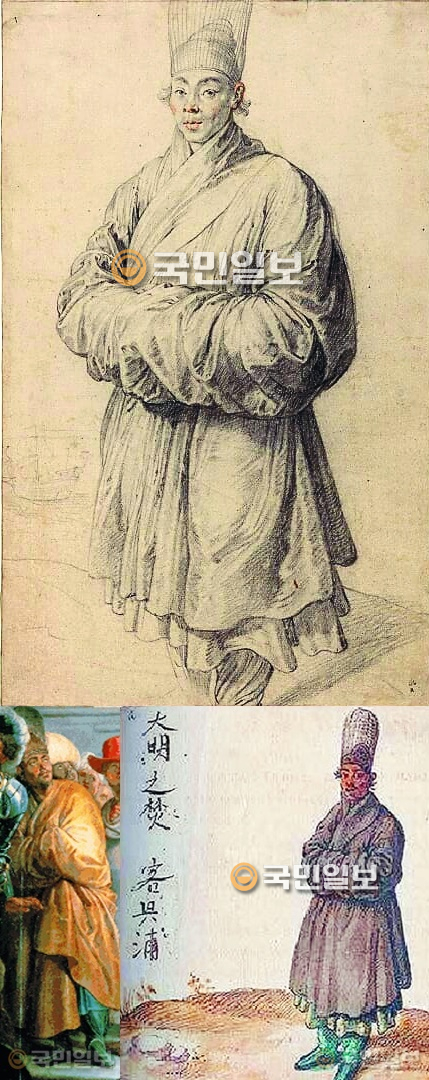 ‘안토니오 코레아’로 불리는 루벤스 소묘 ‘한복 입은 남자’(위쪽·1617년 작). 서양인이 그린 최초의 조선인으로 알려진 이 작품이 네덜란드 베스트스테인 교수에 의해 ‘중국 상인 이퐁(興浦)’임이 밝혀졌다. 그는 이 소묘를 토대로 루벤스가 그린 제단화 ‘프란시스코 하비에르의 기적’(아래 왼쪽·1617~18년 작)과 자신이 발굴한 1601년 익명의 작가가 그린 중국인 이퐁 초상화(아래 오른쪽)의 유사성을 들어 이같이 주장했다. 이퐁의 초상화에는 자필 한자로 ‘대명지분 객흥포(大明之焚 客興浦)’라는 국적과 이름이 분명하게 적혀 있다. 베스트스테인 교수 제공