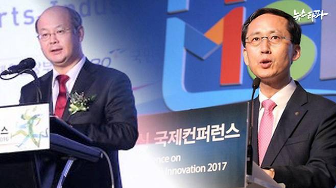 ▲ 이학영 한국경제 논설실장(왼쪽)과 송의달 조선일보 에디터. 두 사람은 2015년 ‘로비스트’ 박수환을 통해 자신의 자녀가 대기업 인턴에 채용되도록 청탁한 의혹을 받고 있다.