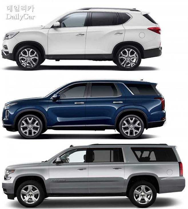 G4 렉스턴(위), 펠리세이드(중앙), 서버번(아래)의 비교