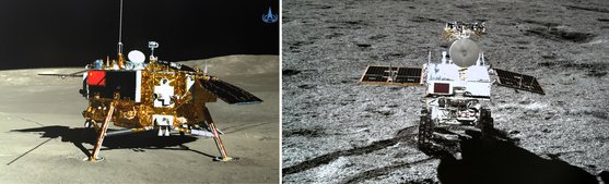 왼쪽 달 착륙선 Chang'e-4 , 오른쪽 사진은 달 표면에서 각종 자료와 정보를 수집하는 달 탐사선 로버 Yutu-2 (Jade Rabbit-2). [Xinhua=연합뉴스]