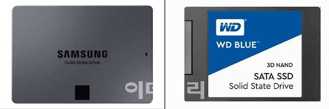 삼성전자와 웨스턴디지털이 내놓은 10만원대 3D 낸드 SSD 제품인 ‘860 QVO 시리즈’(왼쪽)과 WD 블루 3D 낸드 SATA SSD. (사진=각 사)