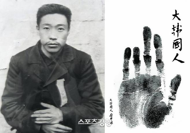 안중근 의사, 오른쪽은 안중근 의사의 손도장. 경향DB