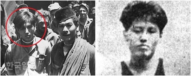 네덜란드군에 체포될 당시의 양칠성(왼쪽 사진 중 동그라미 안). 오른쪽 사진은 일본인 동료들과 찍은 사진 중에서 양칠성의 얼굴을 확대한 것이다.