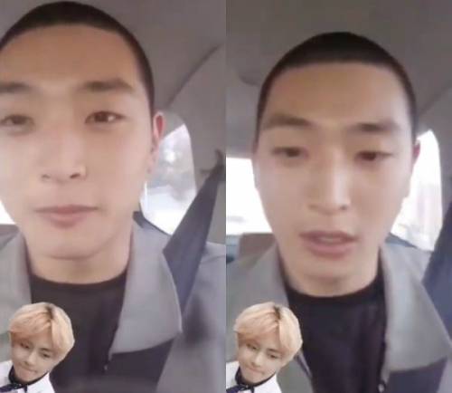 훈련소로 가는 2AM 진운이 차안에서 인스타그램 라이브 중 걸려온 방탄소년단 뷔의 연락에 고마운 마음을 전하고 있는 모습.