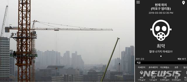 【서울=뉴시스】박주성 기자 = 수도권에 사상 처음으로 엿새째 미세먼지 비상저감조치가 발령된 가운데 6일 오후 마포구 소재 건설현장에서 여의도 파크원 건물 공사현장이 흐릿하게 보이고 있다. 이날 취재한 마포구 염리동의 미세먼지 농도는 178㎍/m³으로 최악의 수치를 보이고 있다. 2019.03.06. park7691@newsis.com