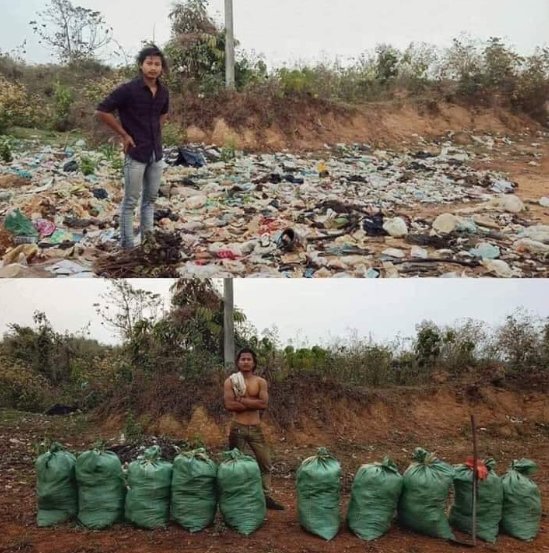 네팔의 한 인스타그램 사용자가 올린 트래쉬태그 챌린지. 쓰레기더미를 정리한느라 진땀을 흘렸는지, 웃옷을 벗은 전후 사진을 올렸다. [인스타그램]
