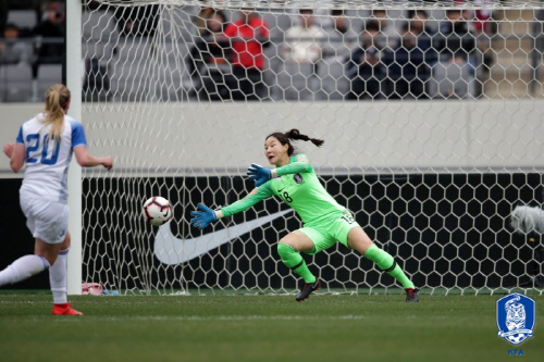 여자축구대표팀 골키퍼 김정미가 지난 6일 용인에서 열린 아이슬란드와 평가전에서 상대 선수 슛을 막고 있다. 제공 | 대한축구협회
