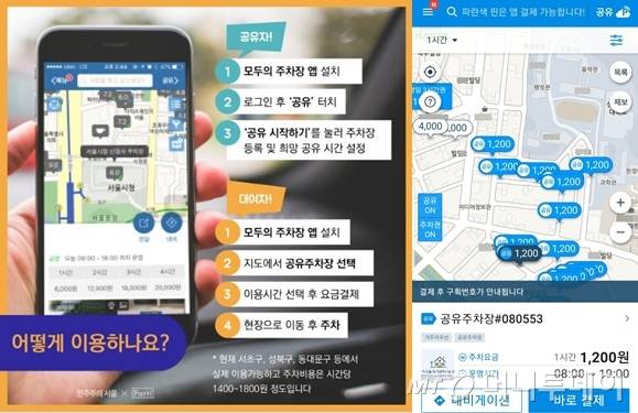 사진=서울시 홈페이지 '서울시가 묻습니다' 게시판(왼쪽), '모두의 주차장' 앱 실행화면 캡처