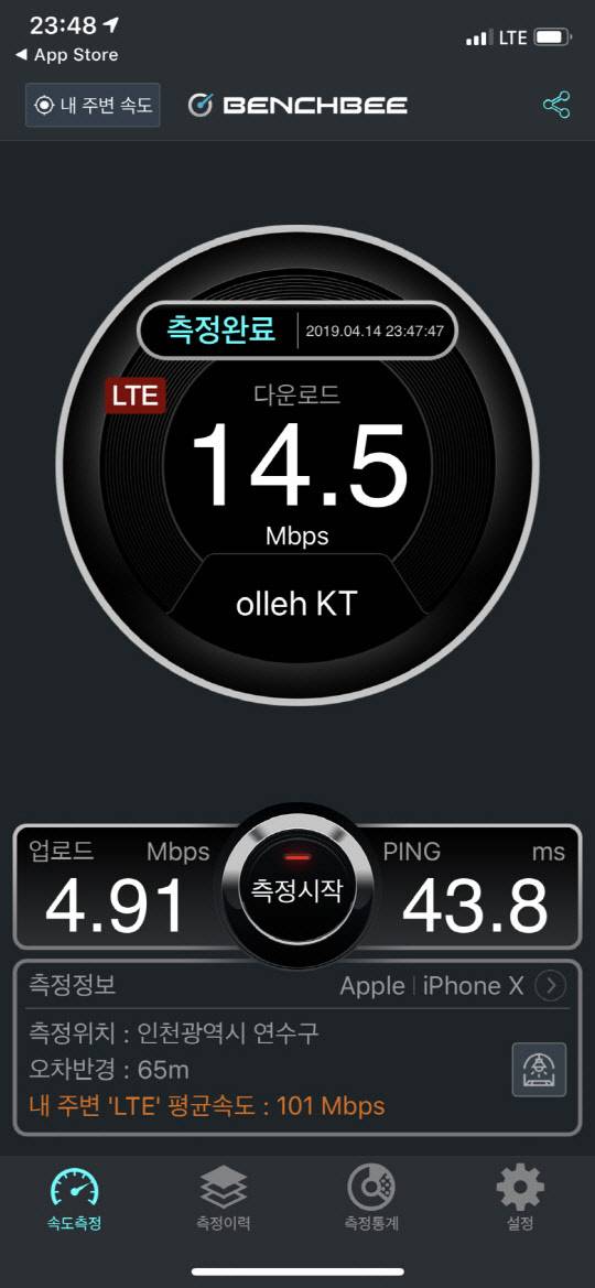 KT LTE 속도 측정 이미지. 출처 클리앙