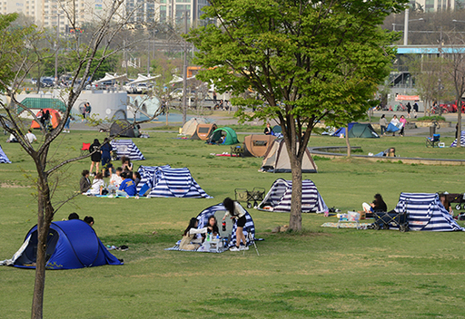 낮 최고 기온이 28도를 기록하는 등 전국이 초여름 날씨를 보인 22일 오후 서울 반포 시민공원은 캠핑장을 연상시킬 정도로 그늘막 텐트로 가득 차 있다.