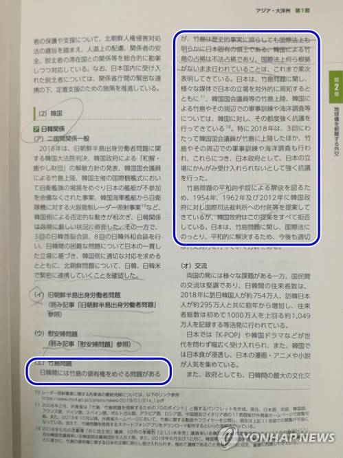 日 외교청서, 또 '독도=일본땅' 도발 (도쿄=연합뉴스) 데라사키 유카 통신원 = 일본 정부가 23일 각의(국무회의)에 보고한 2019년판 외교청서의 내용 중 독도에 대한 영유권 주장 부분. "독도는 역사적인 사실을 비춰서도 국제법상으로도 명확히 일본 고유의 영토다"고 적었다. 2019.4.23 tryk39@yna.co.kr