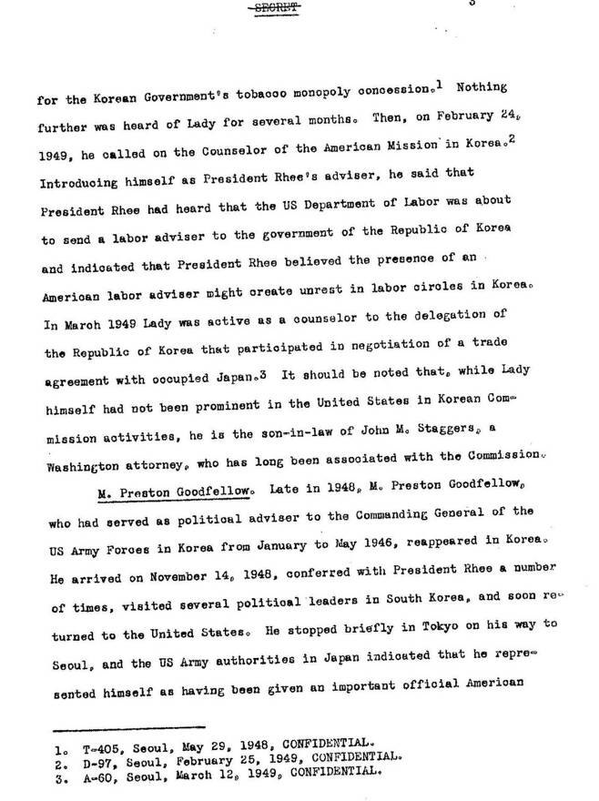미 국무부 조사연구실이 1949년 ‘이승만의 사설고문단(Kitchen Cabinet)’에 관해 작성한 비밀보고서에서 굿펠로에 관한 부분의 일부. 정용욱 교수 제공
