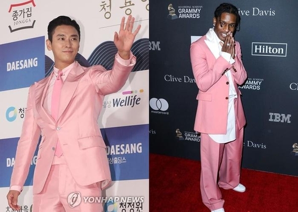 핑크 슈트를 입은 배우 주지훈(왼쪽)과 힙합 가수 에이셉 라키./연합뉴스, 핀터레스트