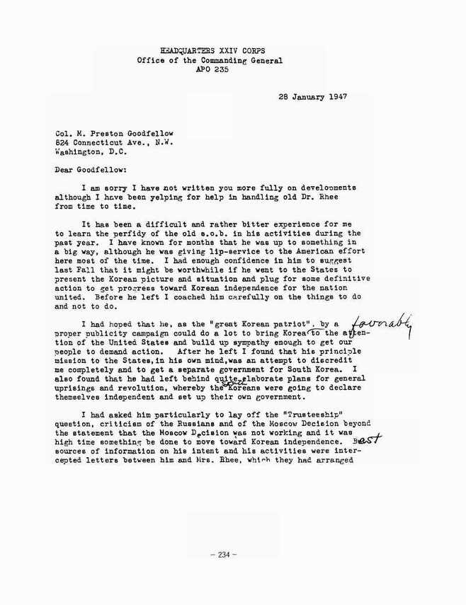 하지 미군정사령관이 자신의 고문이자 이승만과도 절친했던 굿펠로에게 보낸 편지(1947.1.28)의 일부. 그는 이 편지에서 욕설(son of a bitch)까지 사용해 이승만에 대한 배신감을 토로했다. 정용욱 교수 제공
