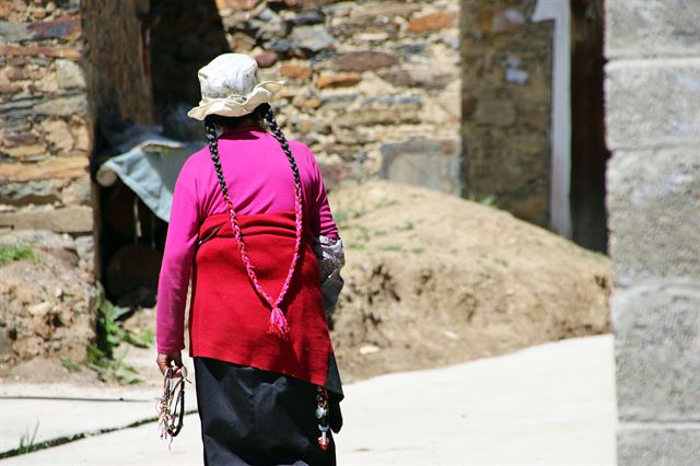 무야 티베트 여인의 길게 땋은 머리카락.