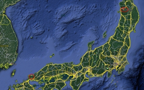 일본 방위성이 '이지스 어쇼어' 유력 배치 후보지로 꼽고 있는 아키타현과 야마구치현(왼쪽 동그라미).